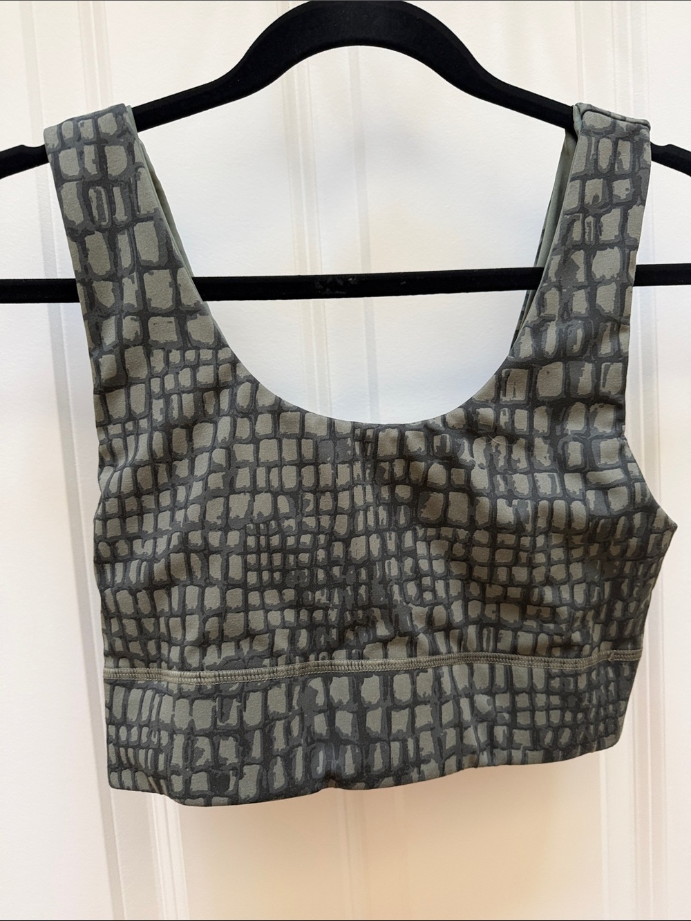 Fabletics Olive Green Cropped Sports Bra with Subtle Grid Print